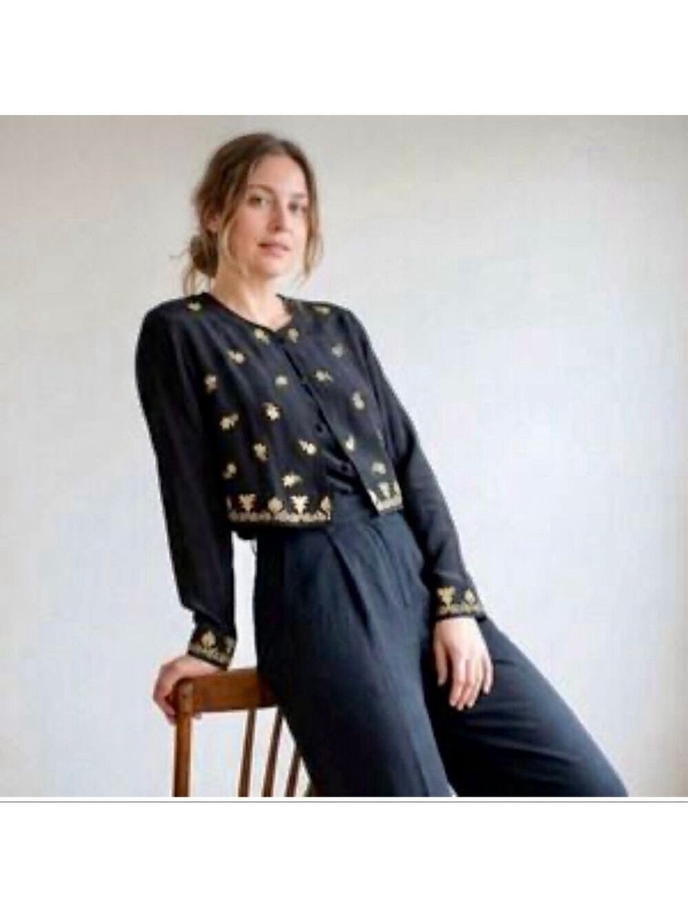 Diane von Furstenberg Black Silk Gold Embroidered Blouse Size S